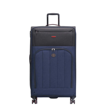 Blue suitcase with a visible brand logo on a white background