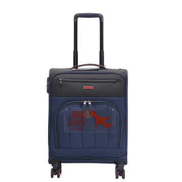 Blue suitcase with a red airplane design on a white background