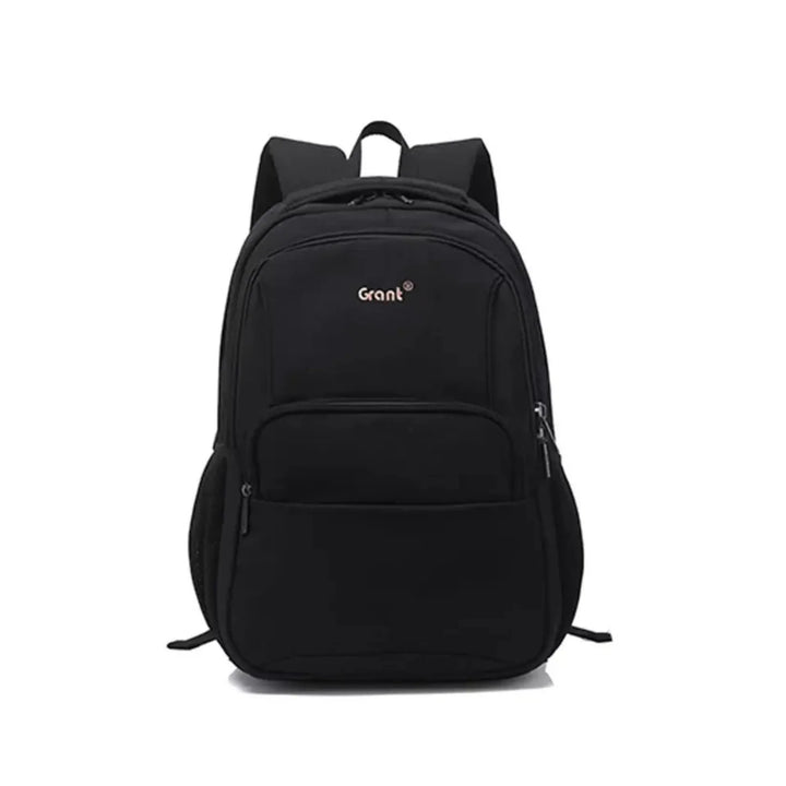 Black backpack with 'Grant' logo on a white background