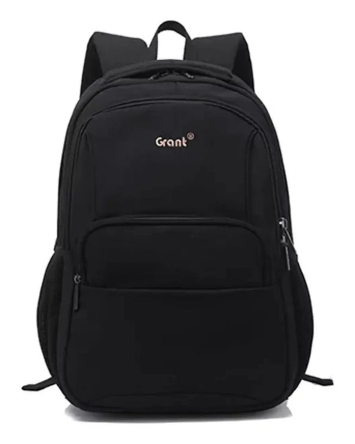 Black backpack with 'Grant' logo on a white background