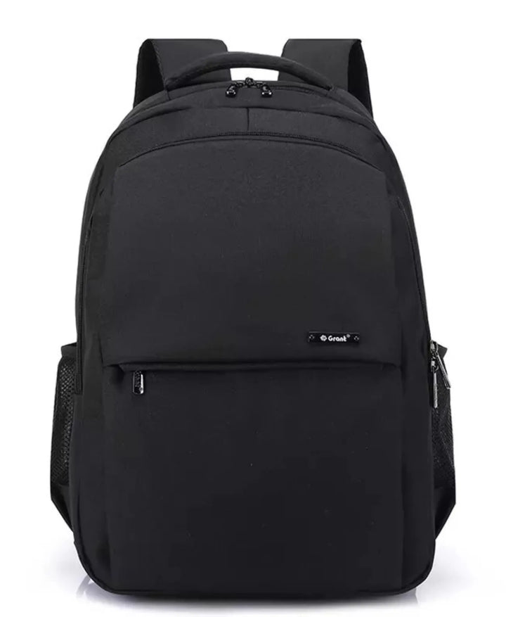 Black backpack with a brand logo on a white background