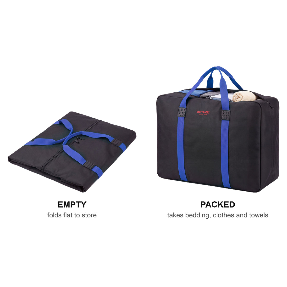 Black with Blue Straps Stowaway empty and folded beside packed