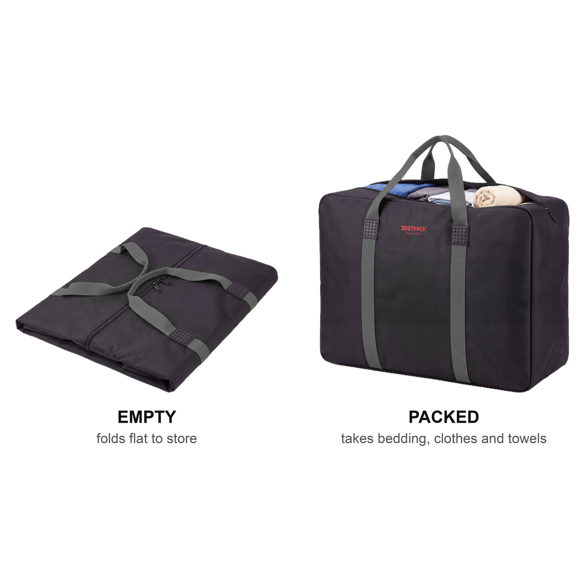 Black with Grey Straps Stowaway empty and folded beside packed