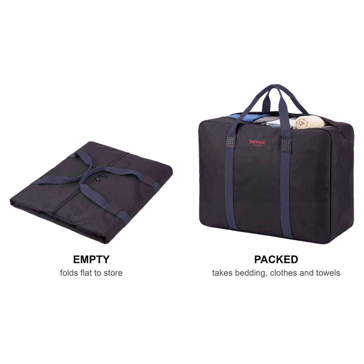 Black with Navy Straps Stowaway empty and folded beside packed