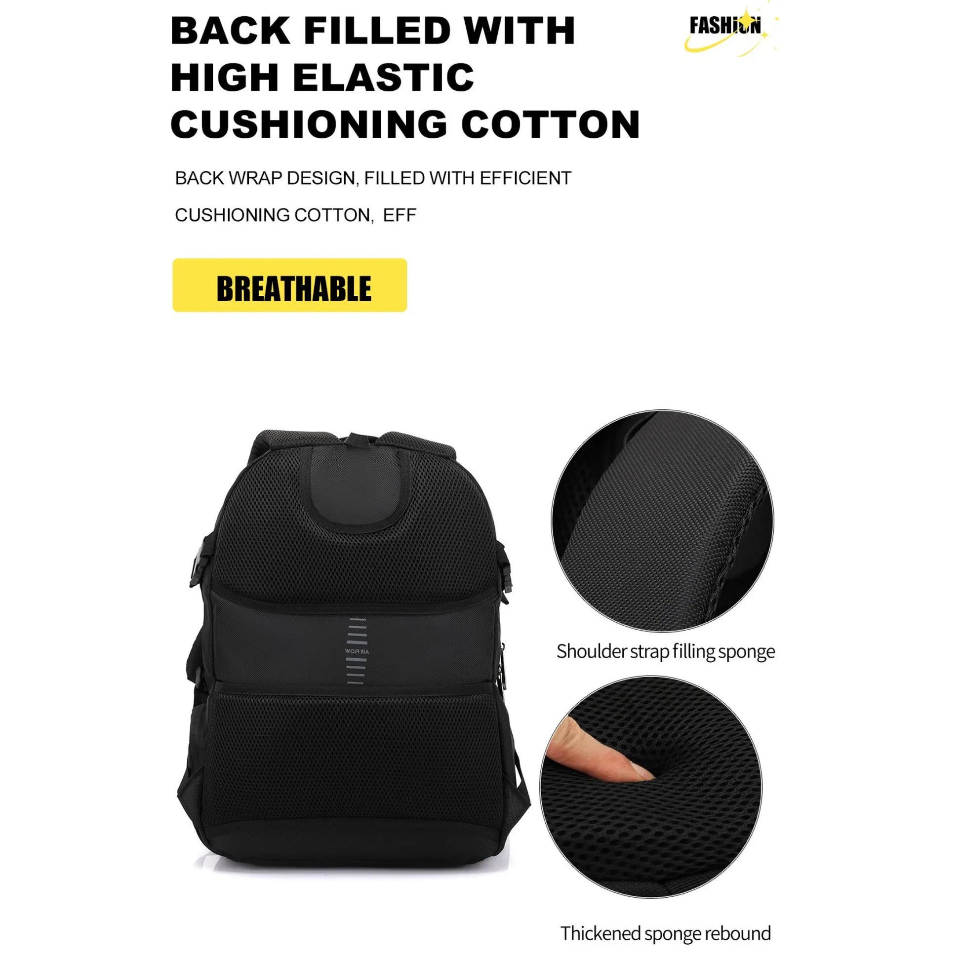 Black backpack with cushioning cotton features on a white background