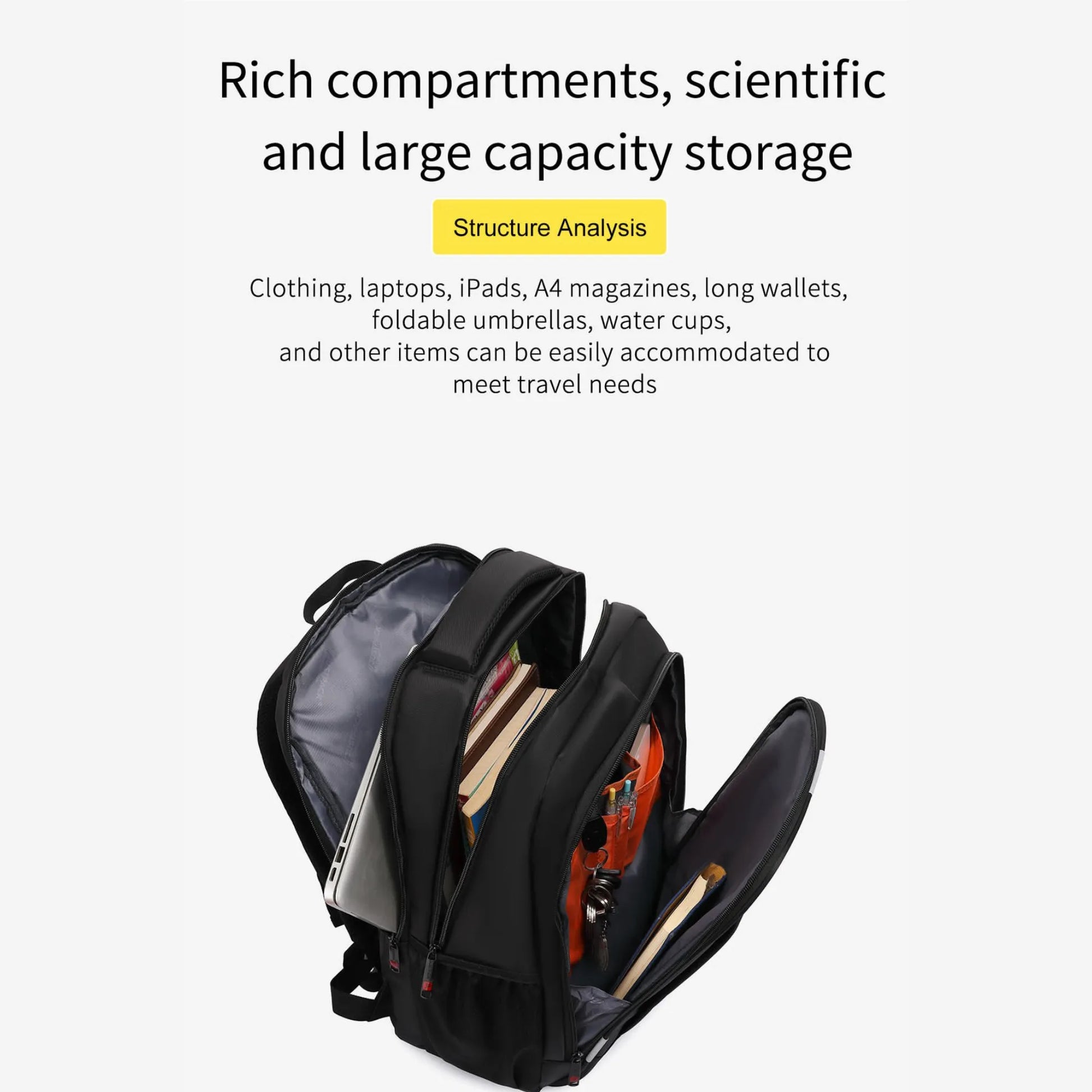 Black backpack with compartments open, showing its storage capacity on a white background.