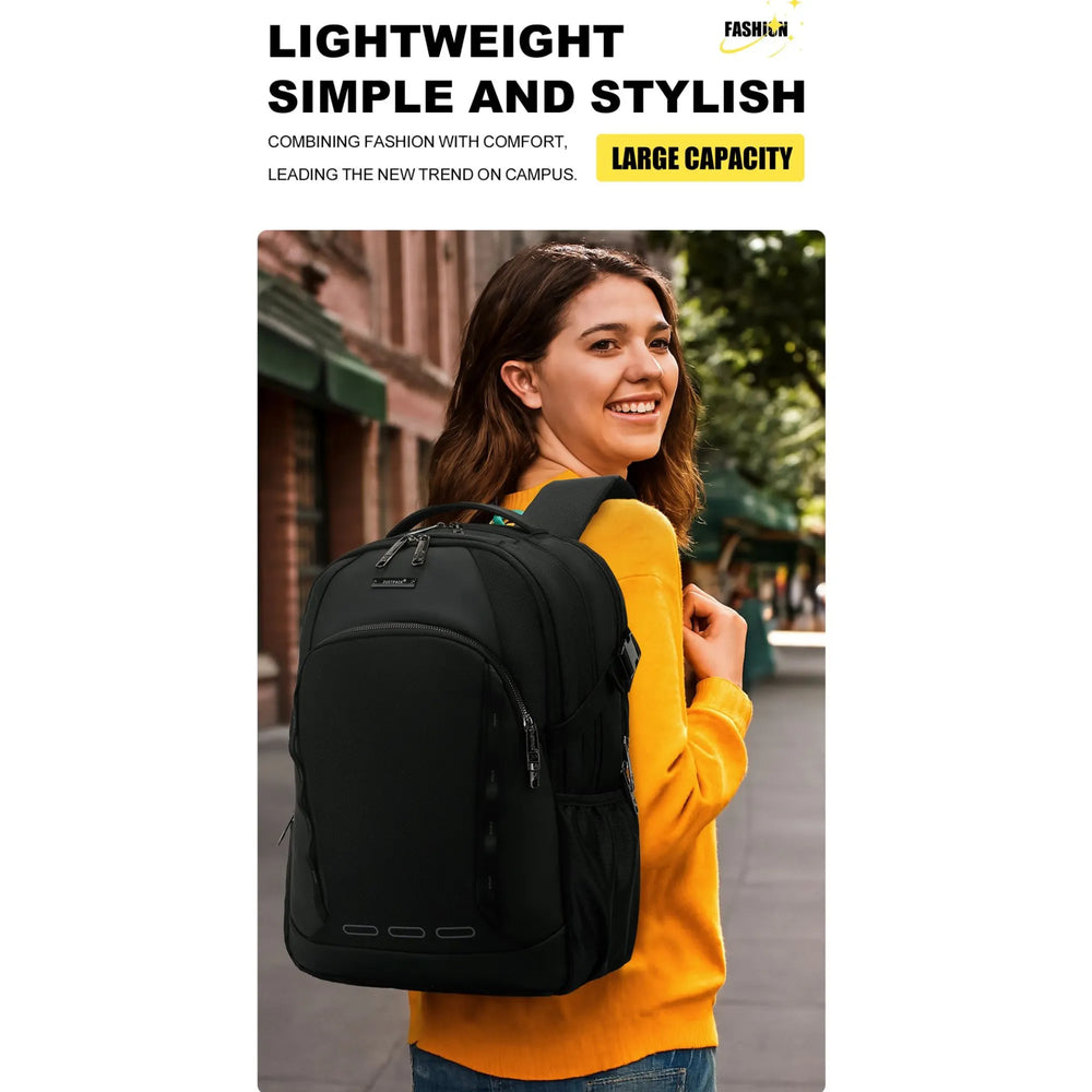 Person wearing a black backpack with promotional text about the backpack's features.