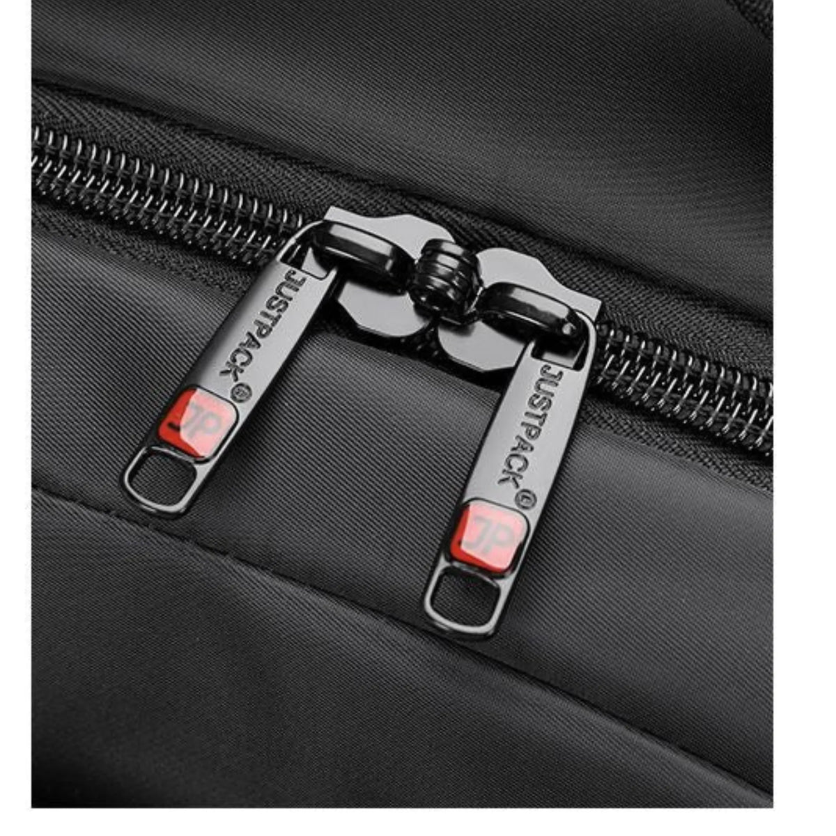 Close-up of a black suitcase with a zipper and a brand logo on a white background