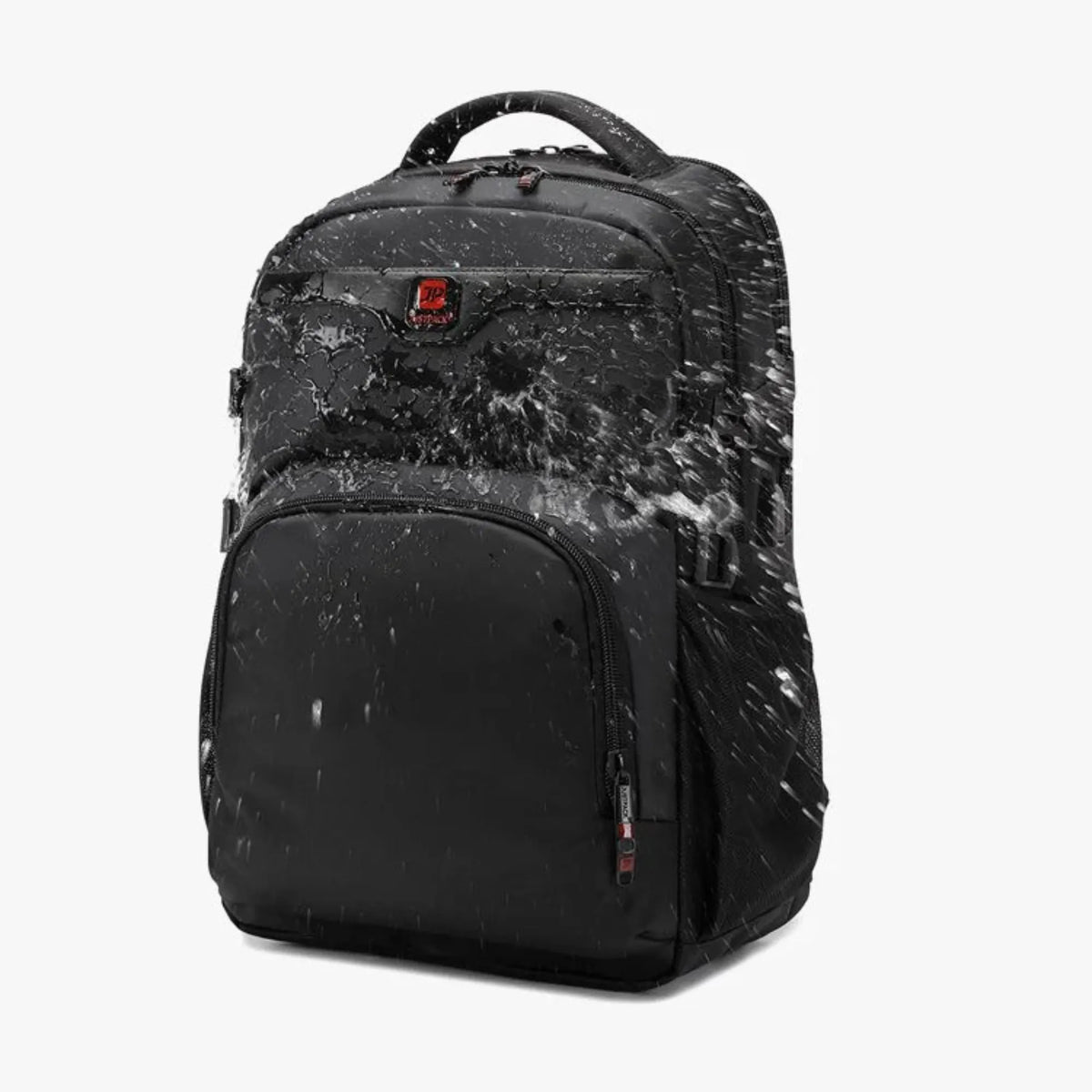 Black backpack with a camouflage pattern on a white background