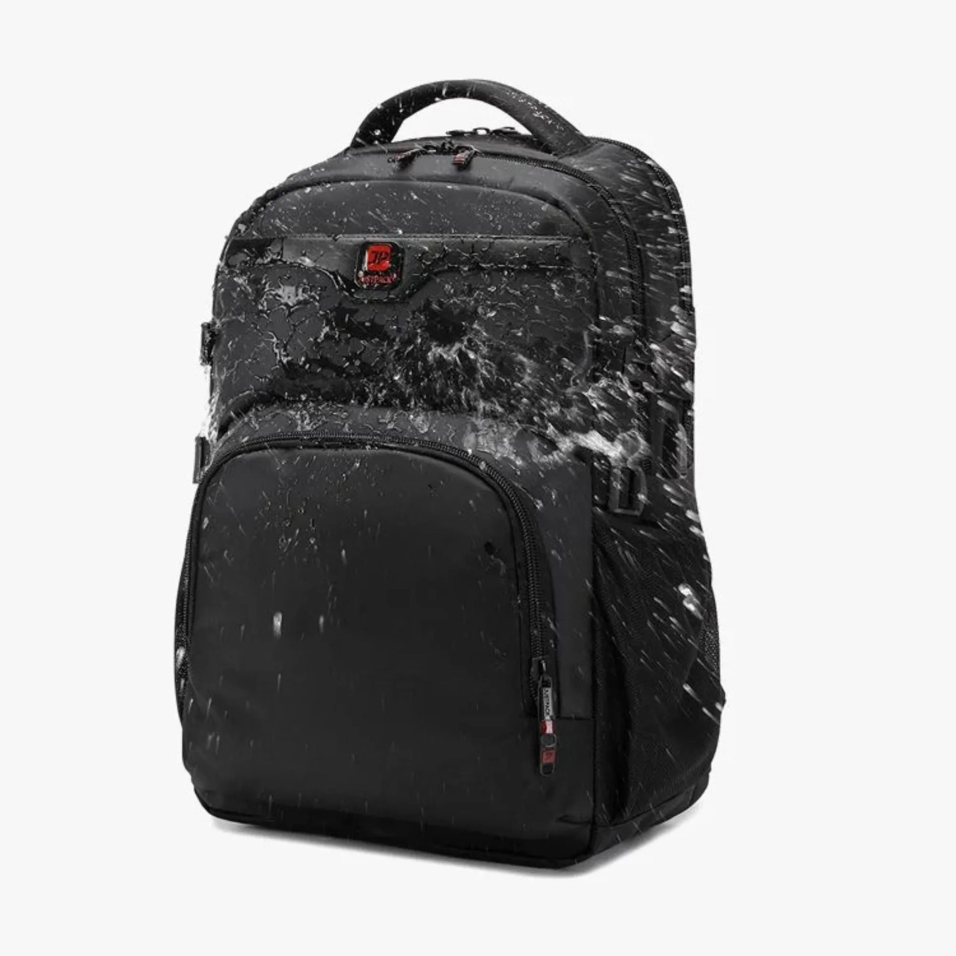 Black backpack with a camouflage pattern on a white background