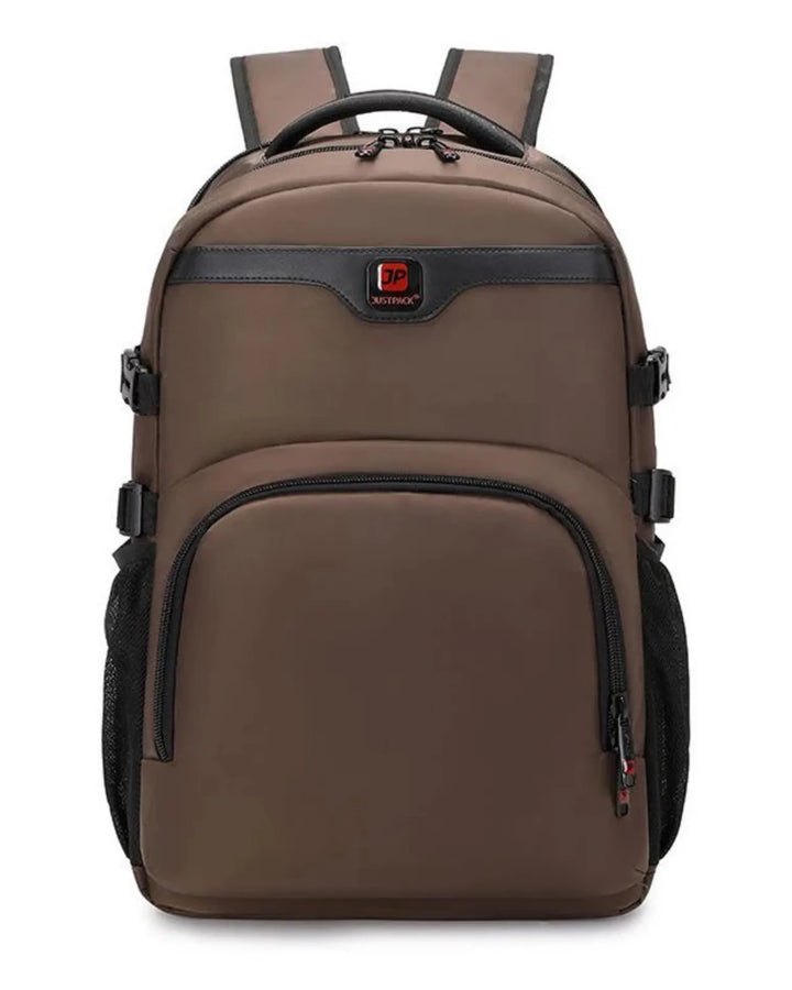 Brown backpack with black accents on a white background