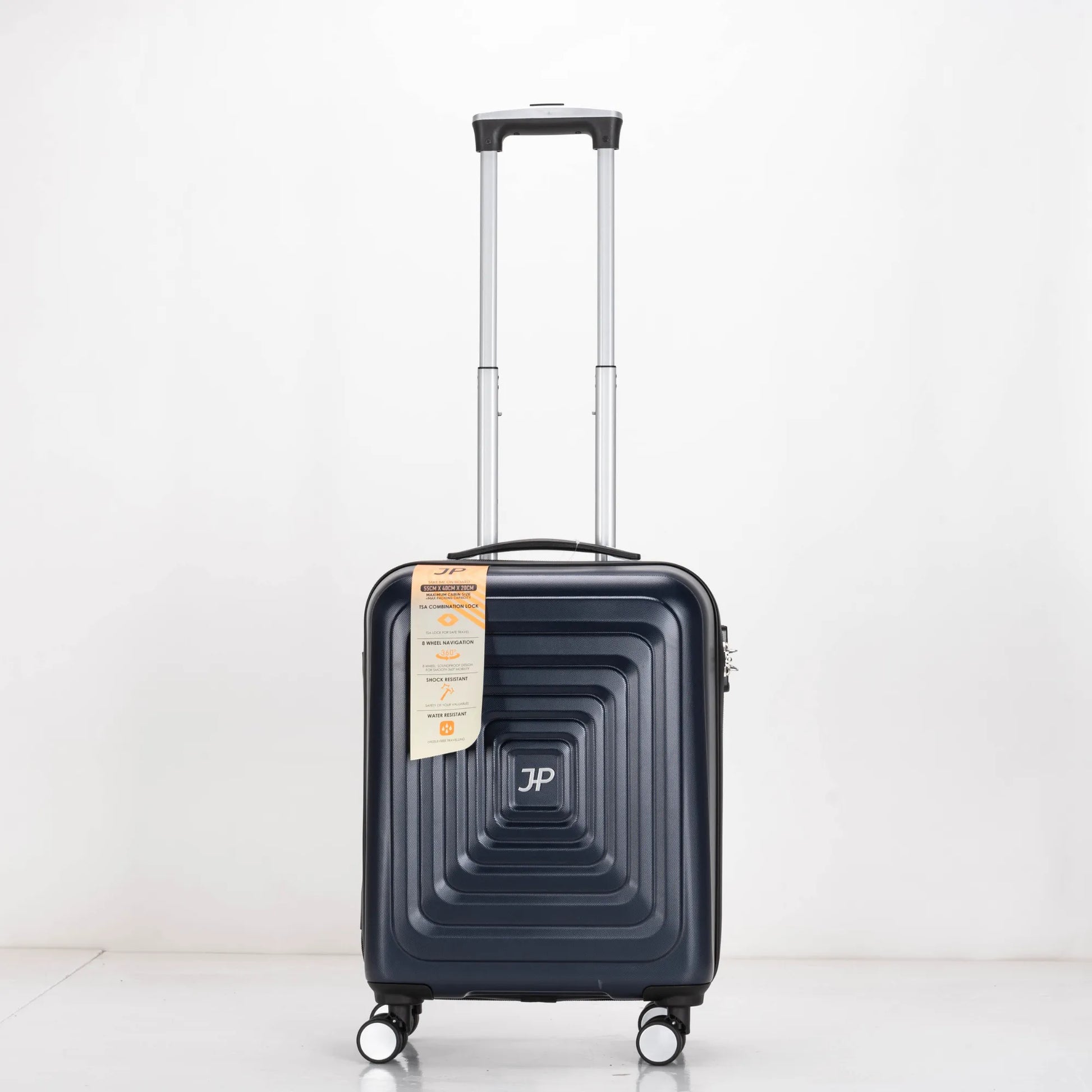 Black suitcase with a visible brand logo on a white background