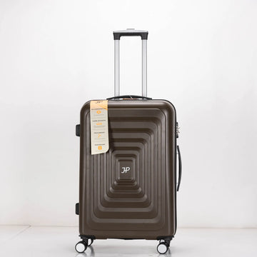 Brown suitcase with a visible brand logo on a white background