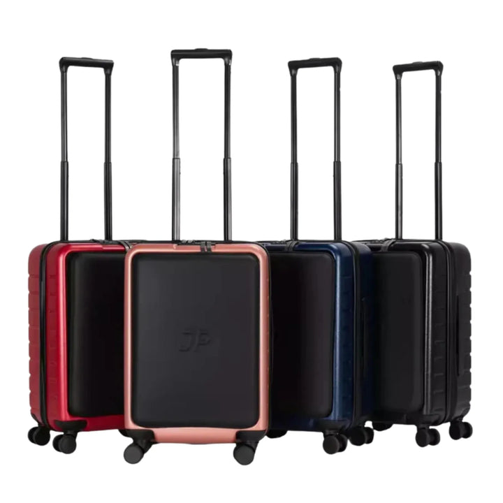 JustPack JP45 cabin suitcase in all four colourways, maroon, rose gold, blue and black, handles extended