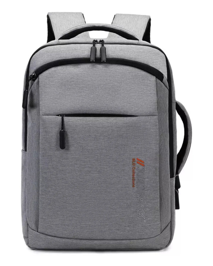 Gray backpack with a small logo on a white background