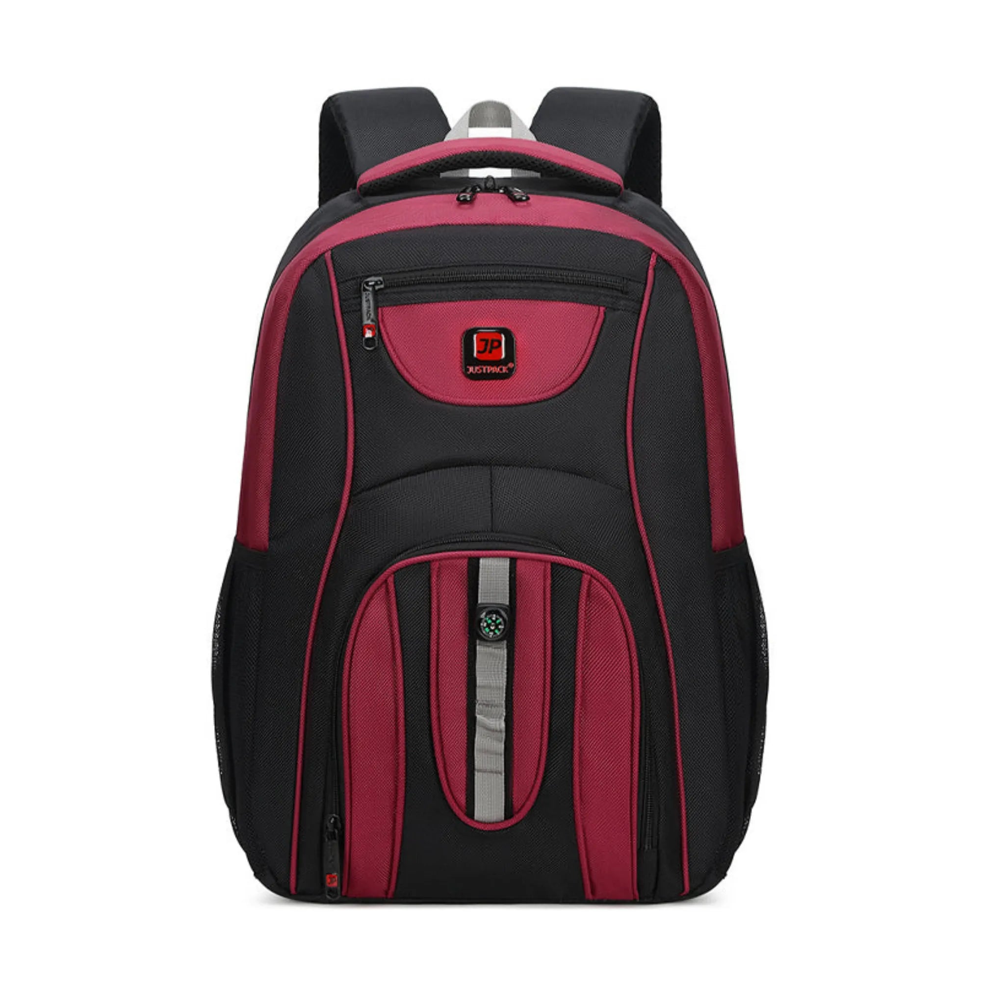 Black and red backpack on a white background