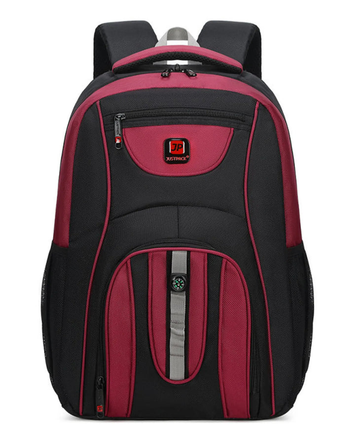 Black and red backpack on a white background