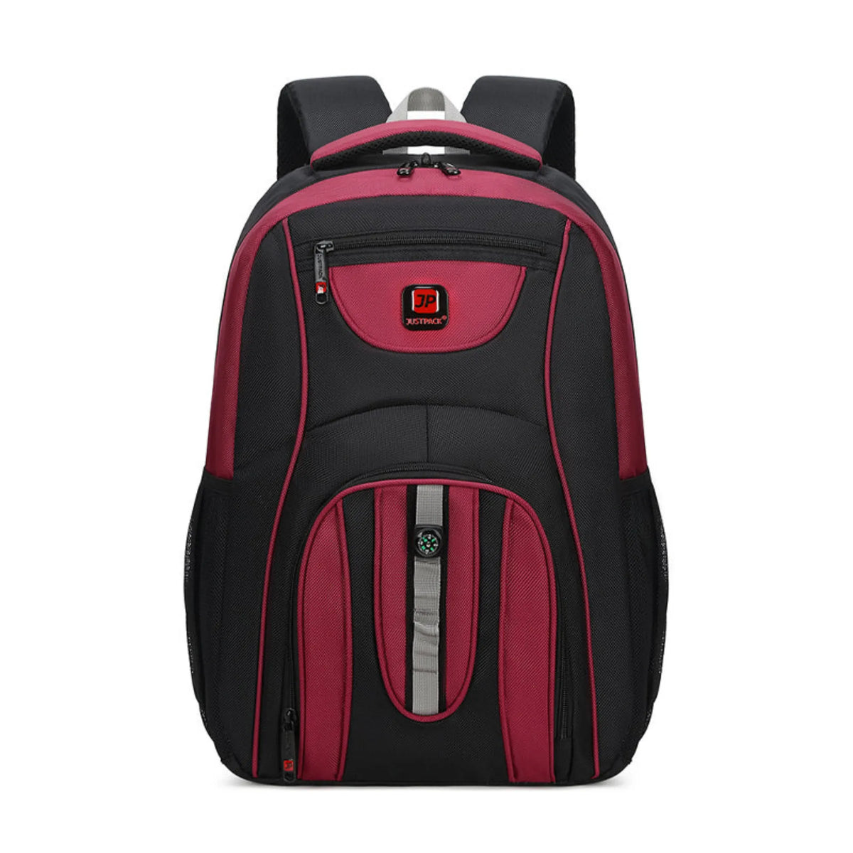 Black and red backpack on a white background