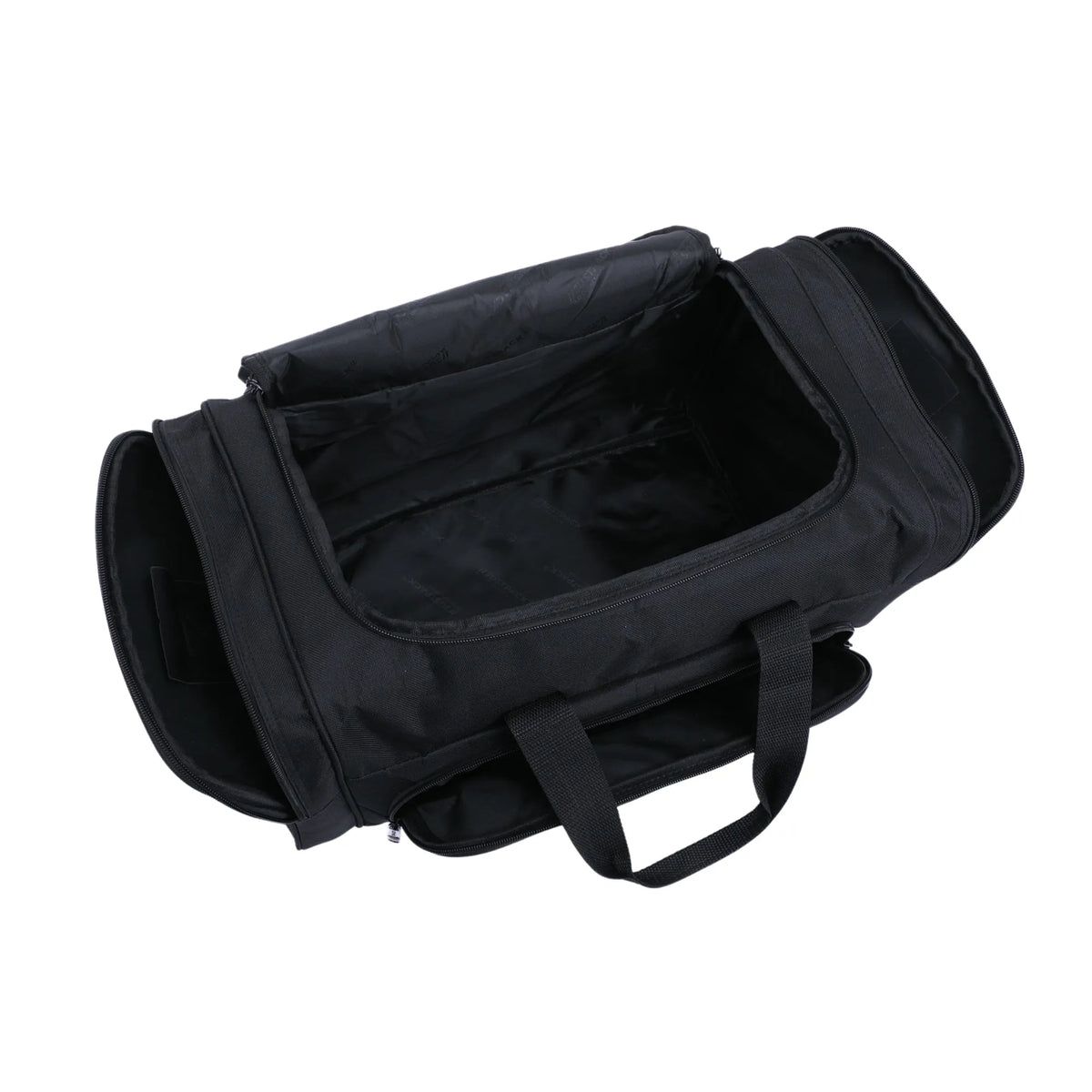 Black duffel bag on a white background
