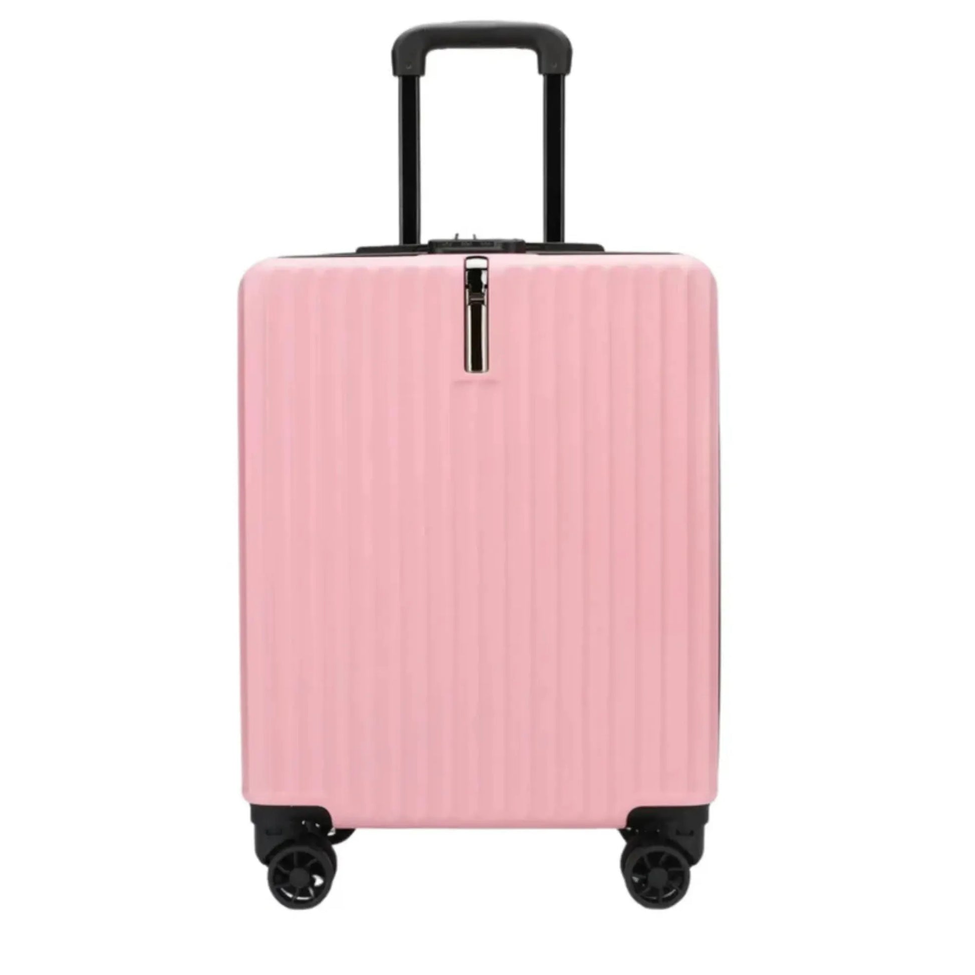 Pink suitcase with black wheels and handle on a white background