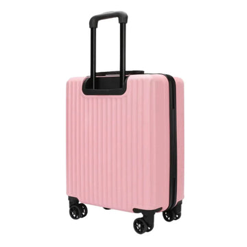 Pink suitcase with black handle and wheels on a white background