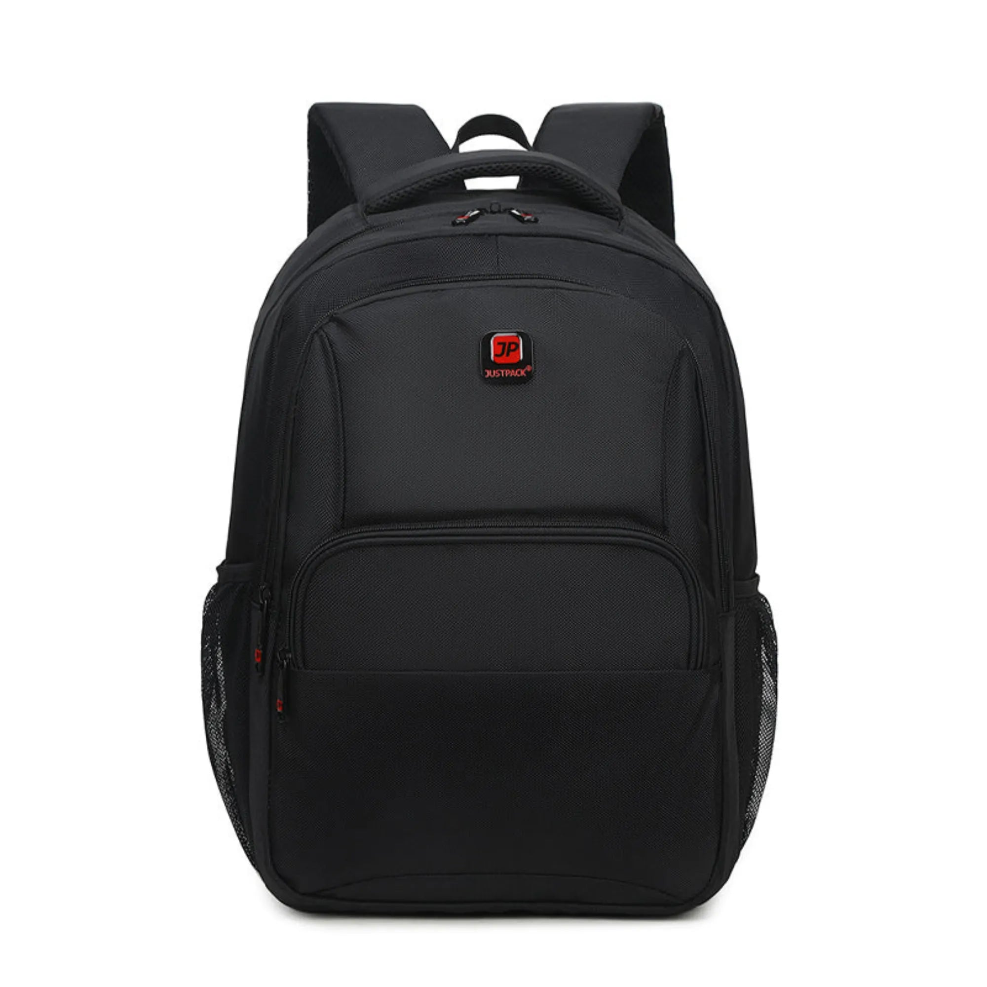 Black backpack with a brand logo on a white background