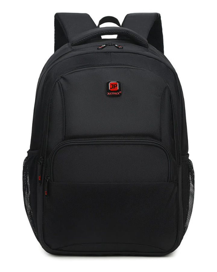 Black backpack with a brand logo on a white background