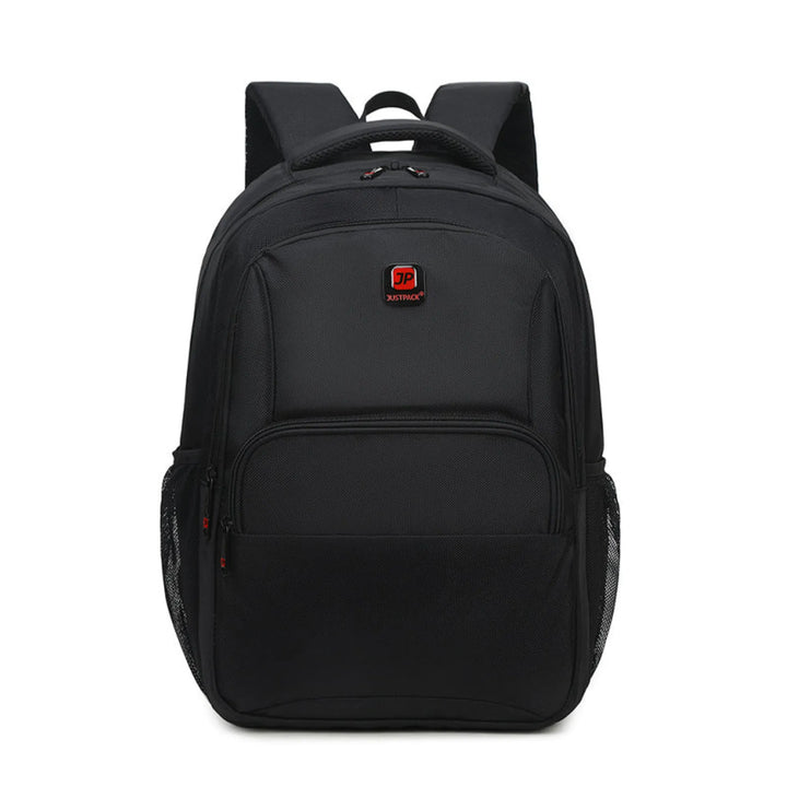Black backpack with a brand logo on a white background
