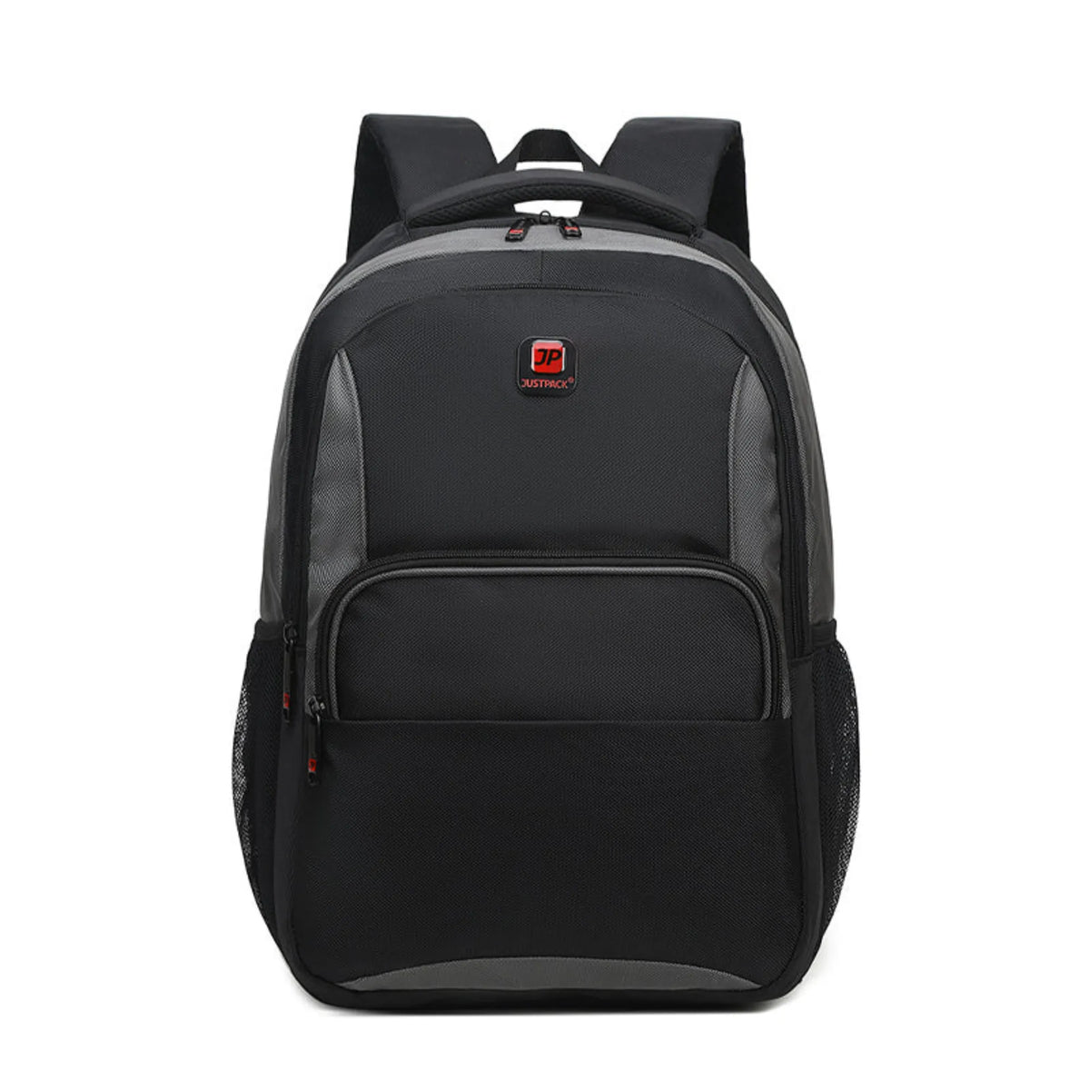 Black backpack with a visible brand logo on a white background