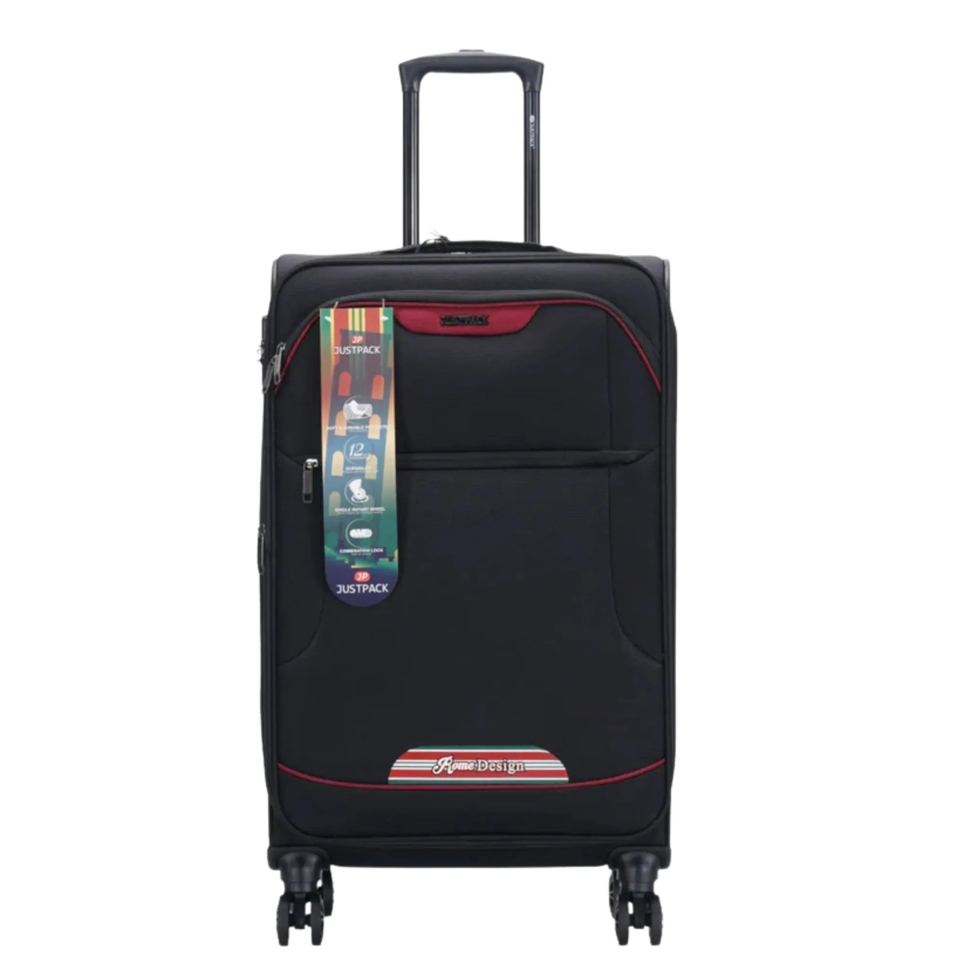 Black suitcase with a tag on a white background