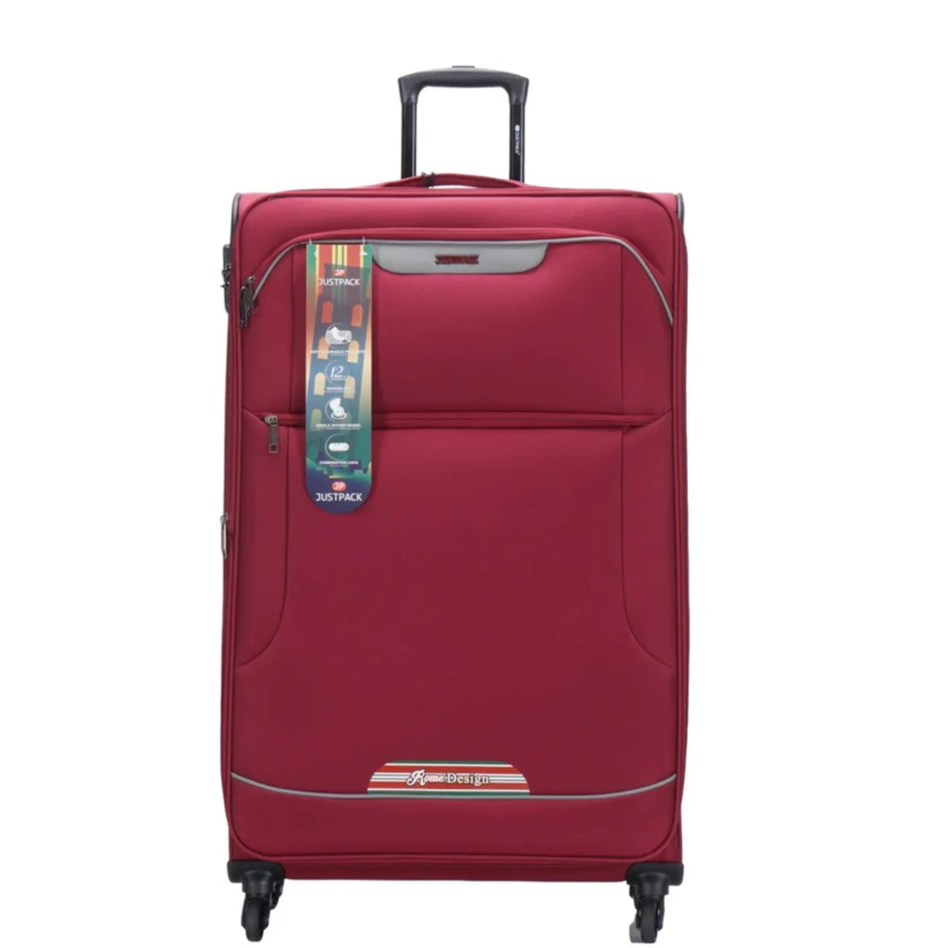 Red suitcase with a tag on a white background