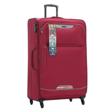 Red suitcase with a tag on a white background