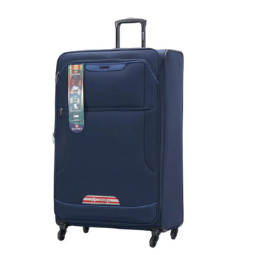 Blue suitcase with a tag on a white background