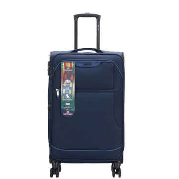 Navy blue suitcase with a JustPack tag on a white background
