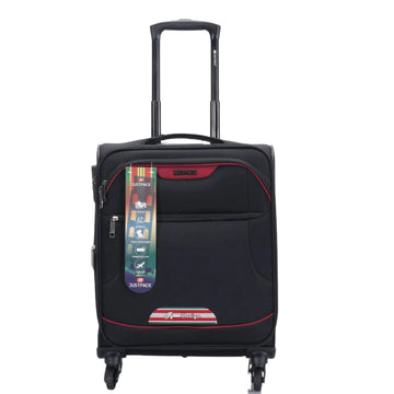 Black suitcase with a colorful tag on a white background