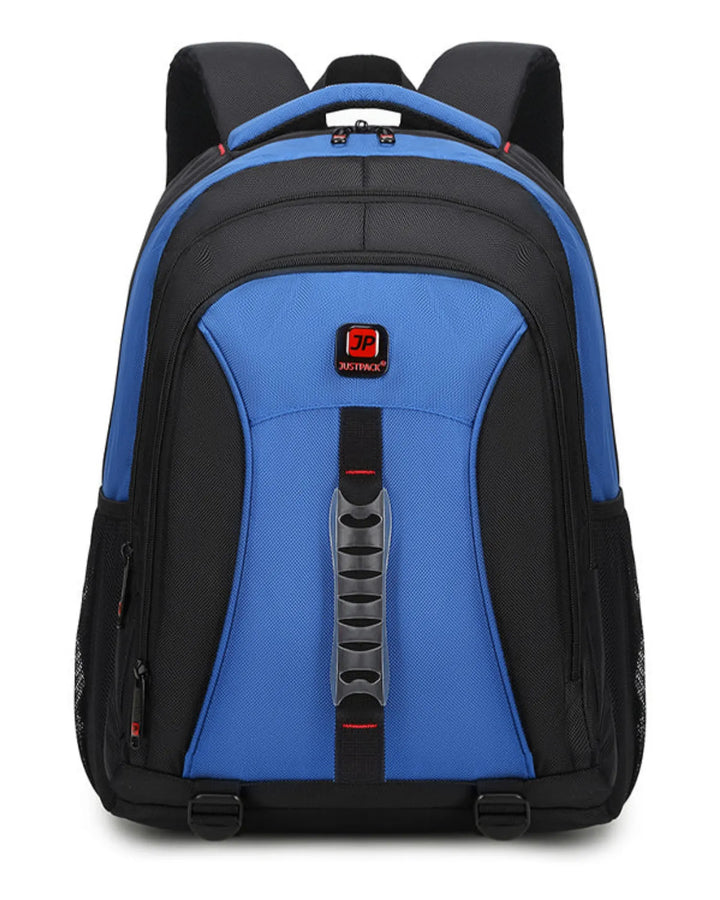 Blue and black backpack on a white background