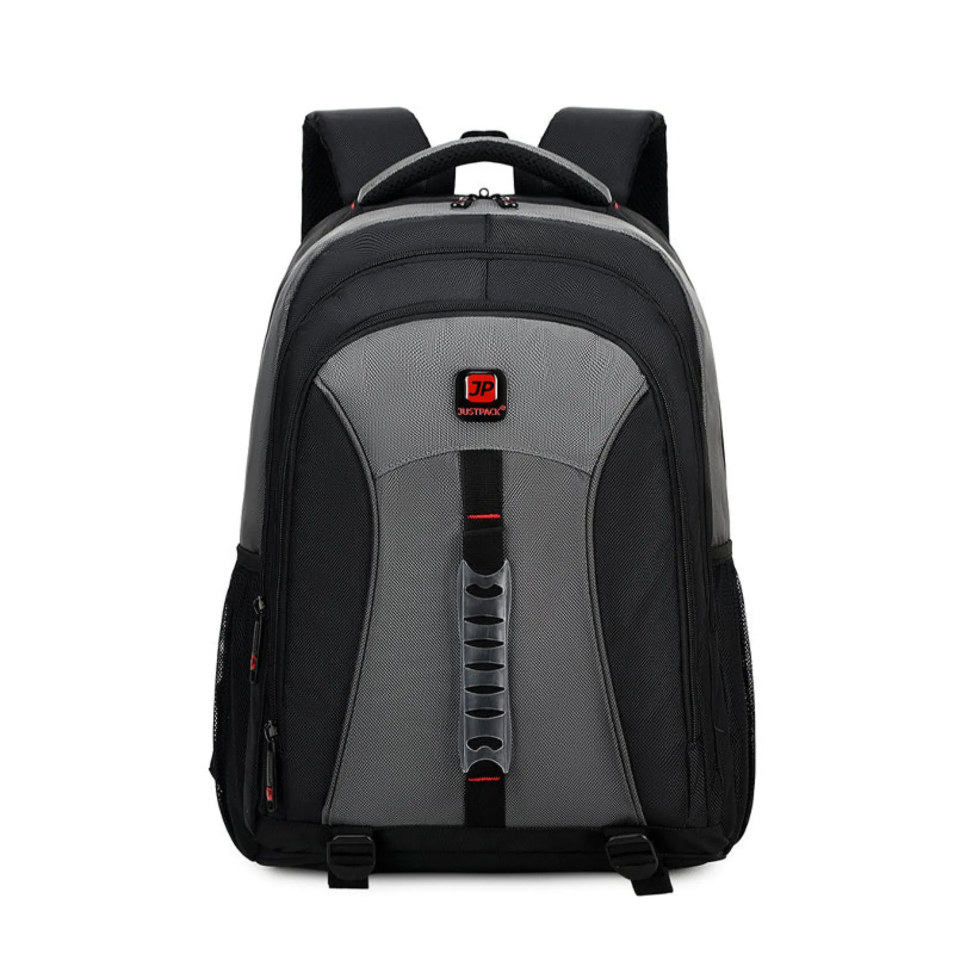 Gray and black backpack with a visible brand logo on a white background