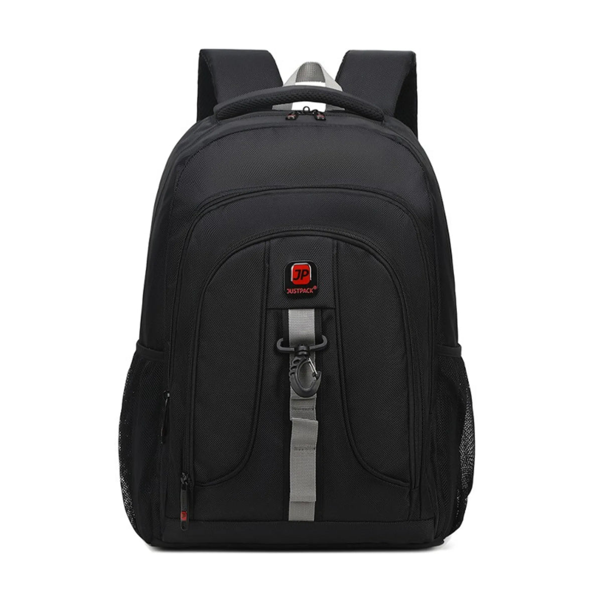 Black backpack with a visible brand logo on a white background