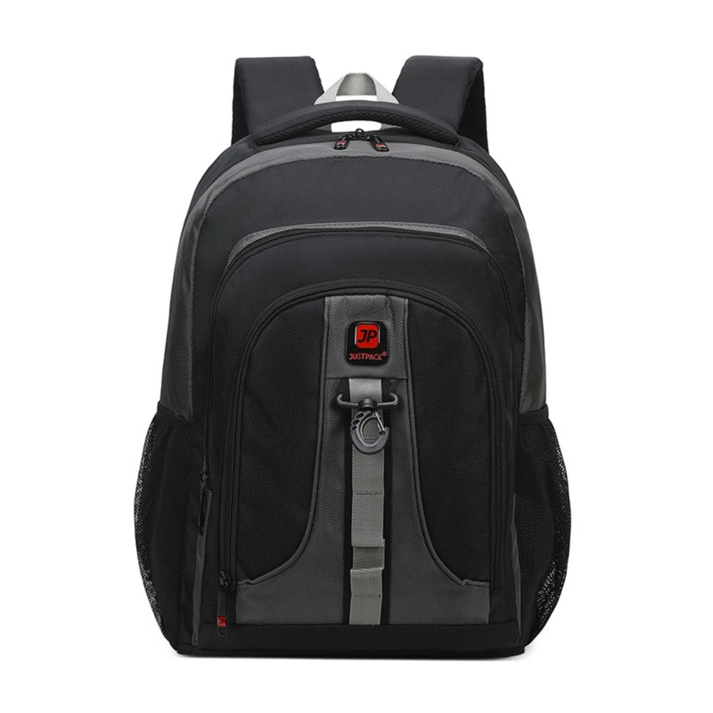 Black and gray backpack with a visible brand logo on a white background