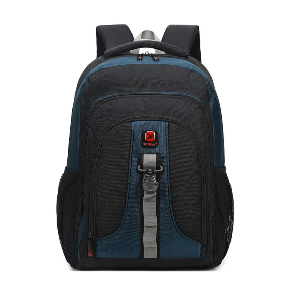 Black and blue backpack with visible brand logo on a white background