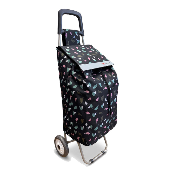 Ezzyrol 60L foldable shopping trolley in black leaf print, angled front view