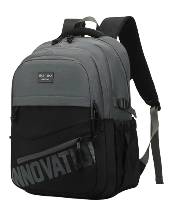 Gray and black backpack with visible branding on a white background