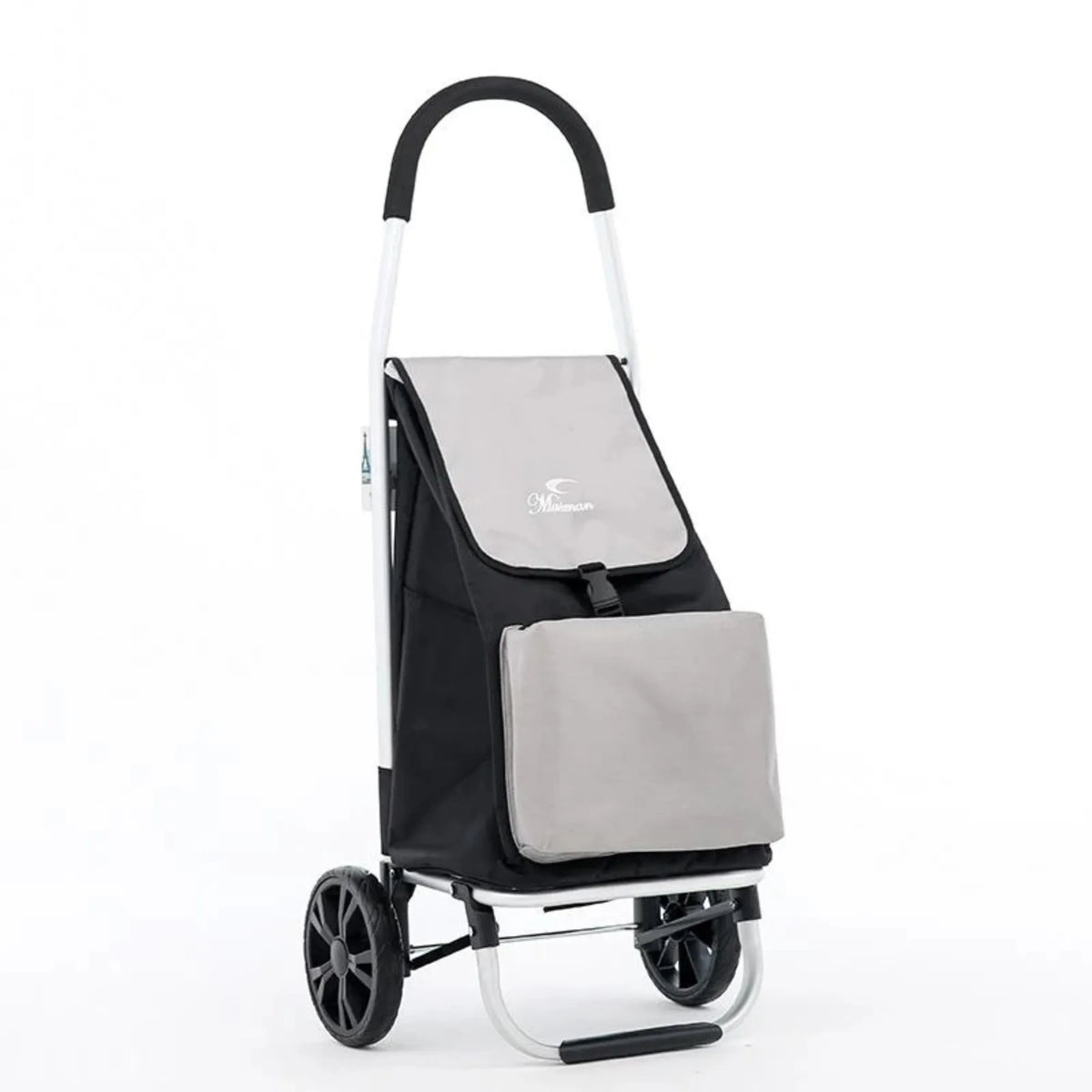 Black and gray shopping trolley with a bag on a white background