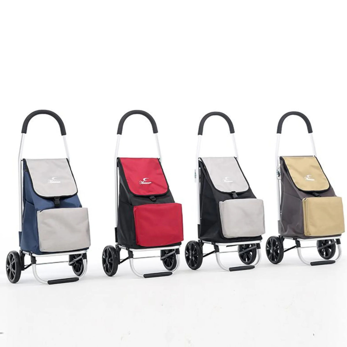 Four shopping trolleys with different colored bags on a white background