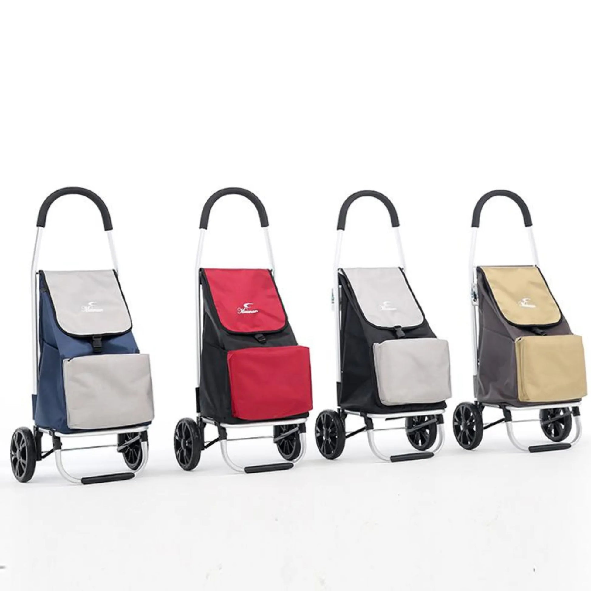Four shopping carts with different colored bags on a white background