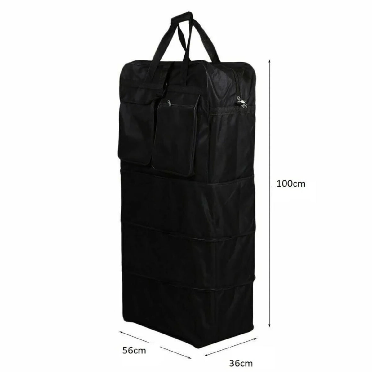 Black garment bag with dimensions on a white background