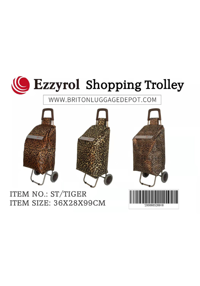 Packaging label for an Ezzyrol shopping trolley, item ST/TIGER, item size 36 by 28 by 99 cm, showing three animal print trolleys