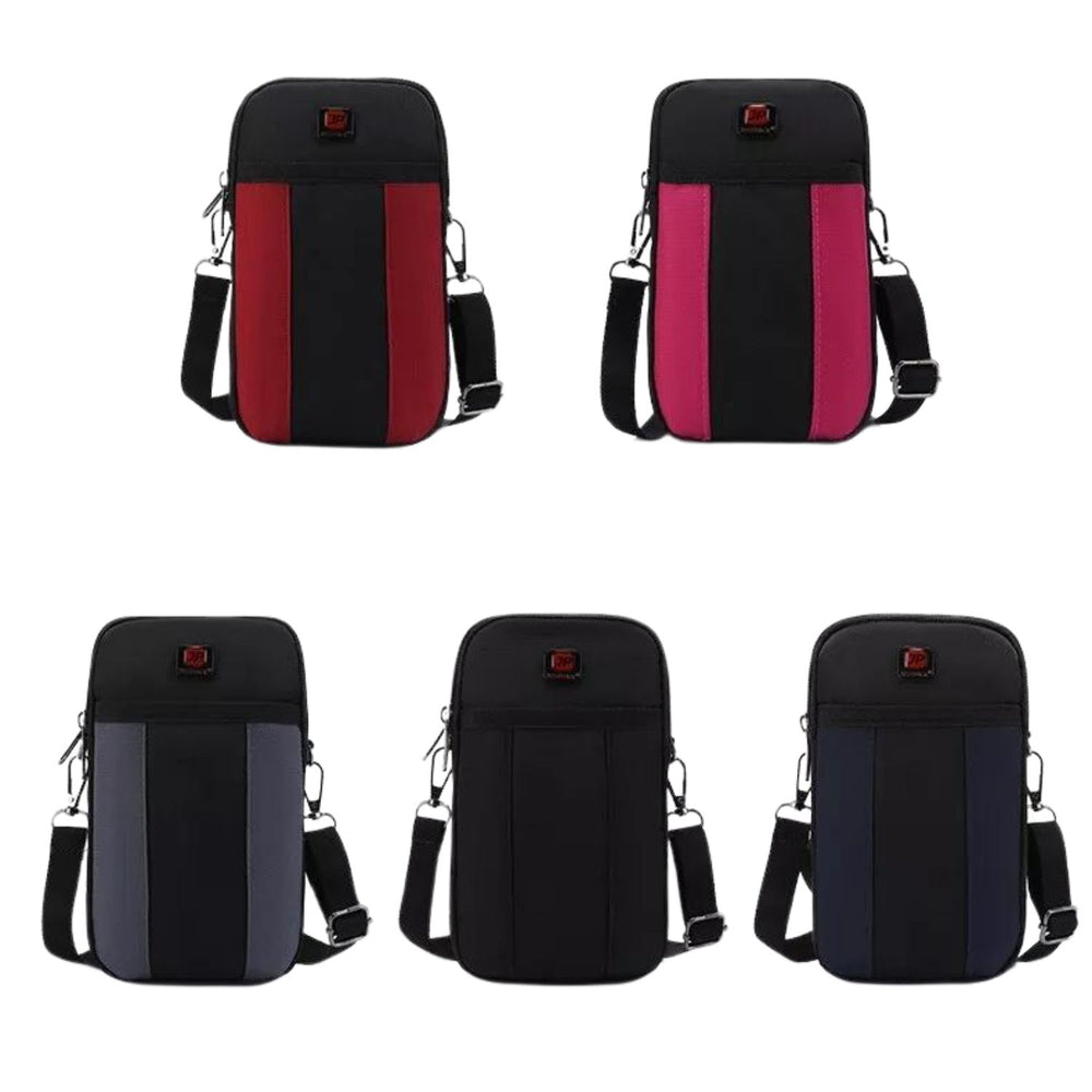 Compact multi pocket crossbody bag shown in five colourways, red, pink, grey, black and navy