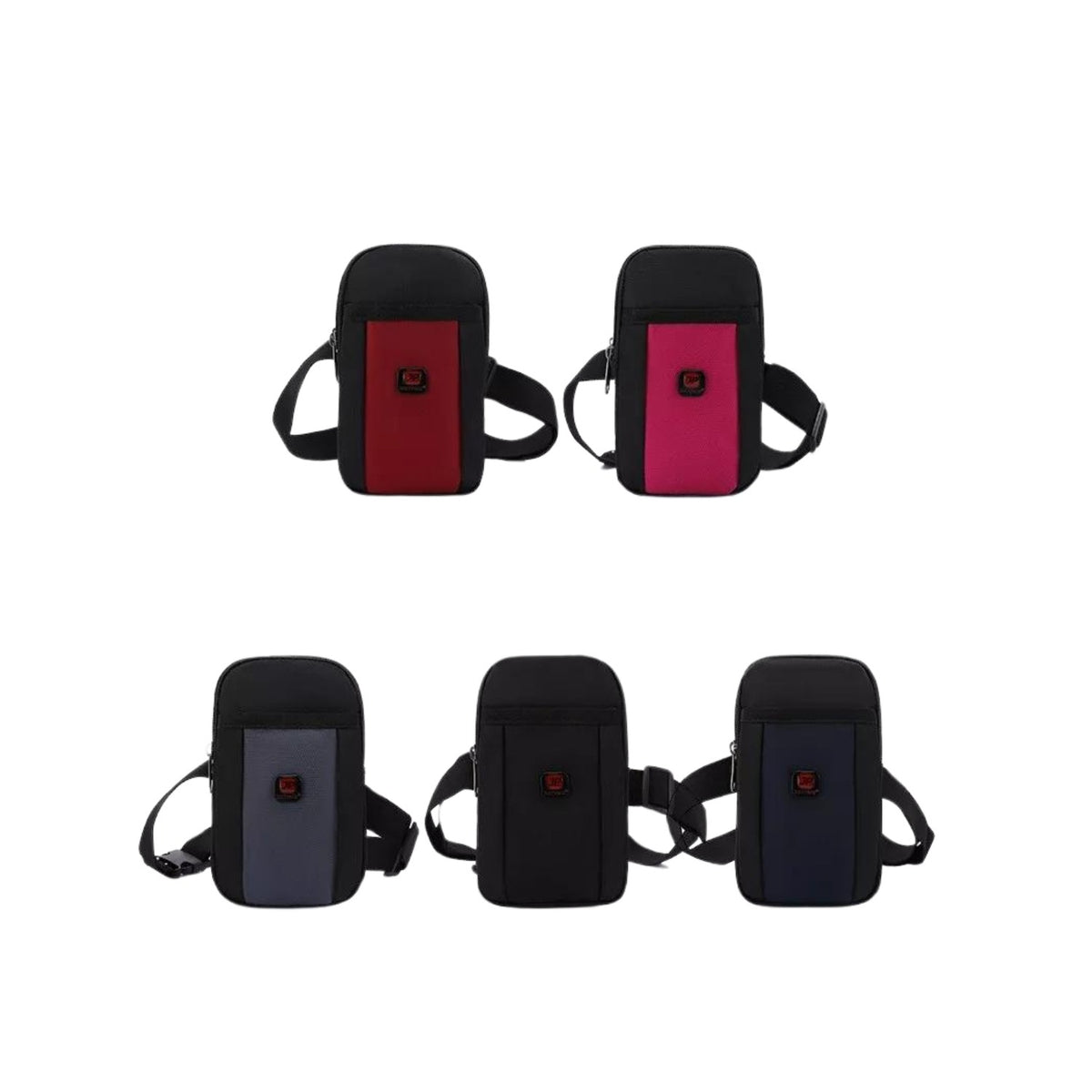 Compact shoulder bag and phone pouch shown in five colourways, red, pink, grey, black and navy