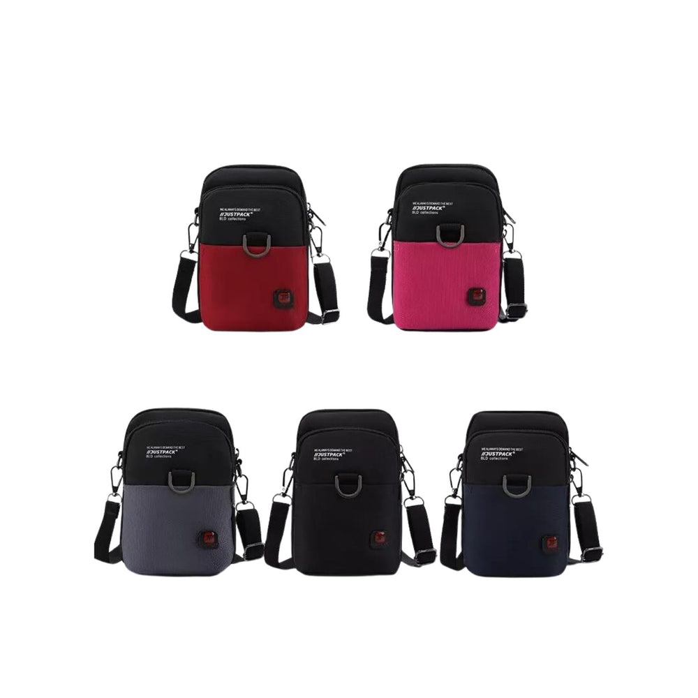 Compact urban shoulder bag in a colourblock style, shown in five colourways